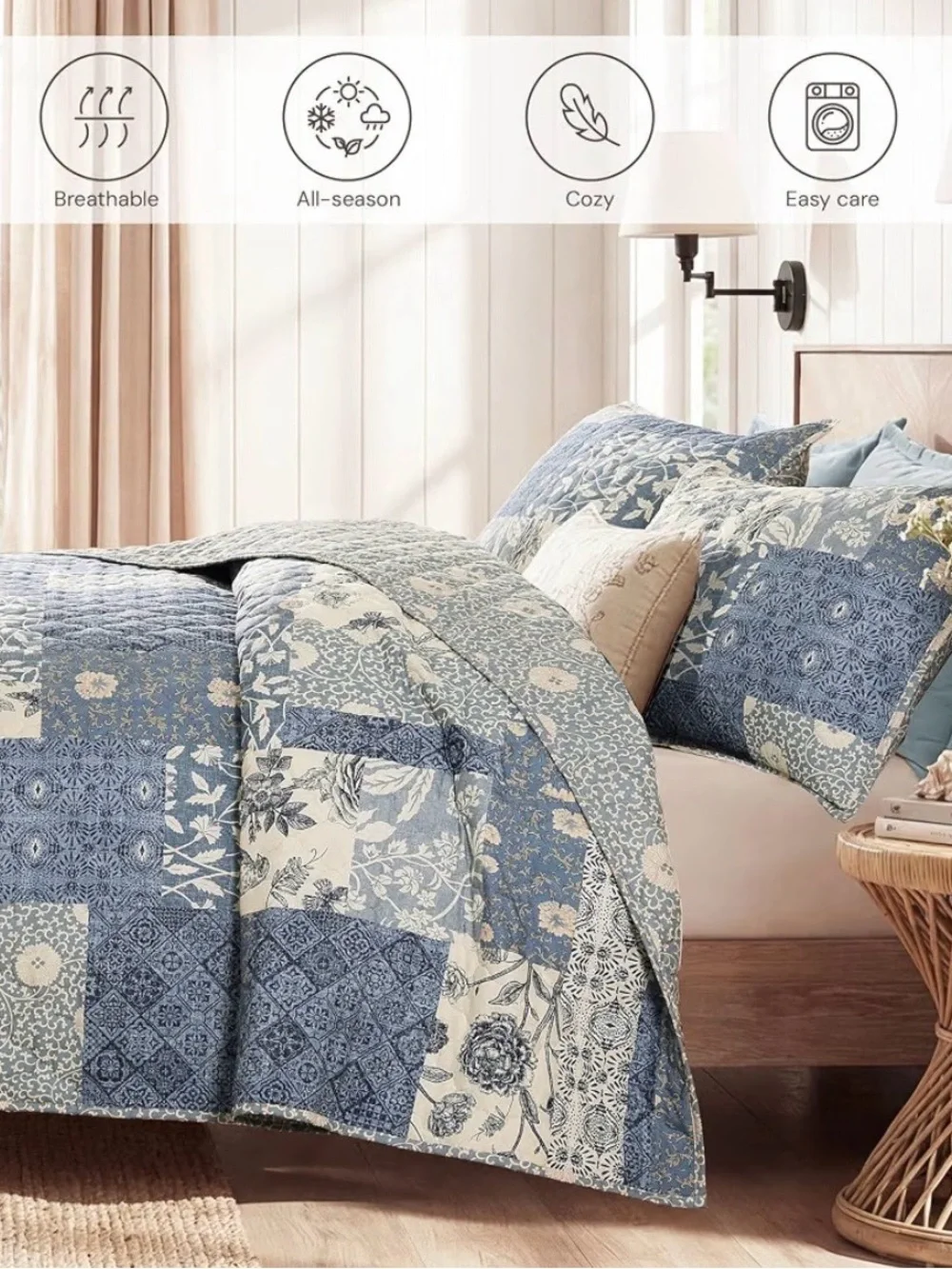 Reversible Blue Patchwork Quilt Set -